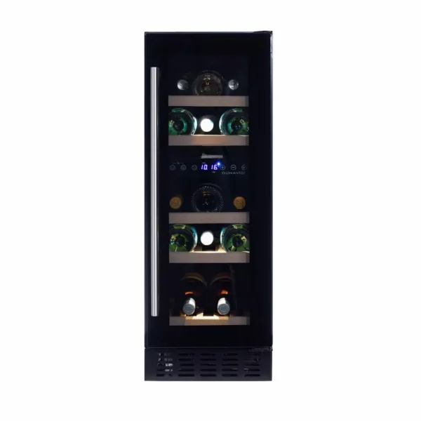 Vinska vitrina DUNAVOX DAUF-17.58DB notranjost z lesenimi policami