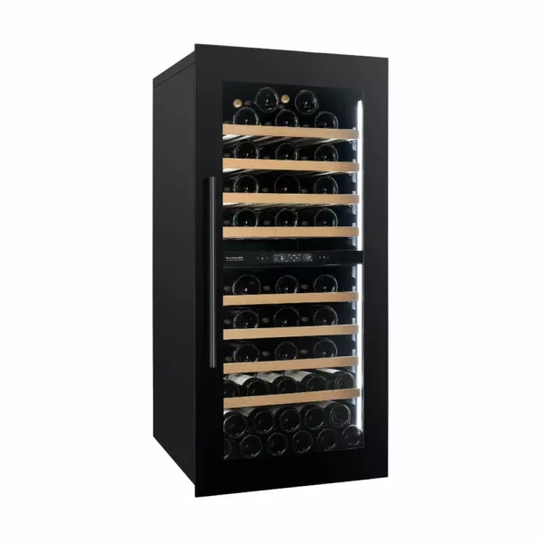 Vinska vitrina DUNAVOX DVS-70.185DB notranjost z lesenimi policami