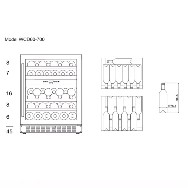 Vinska vitrina mQuvee WCD60AB-700 razporeditev vinskih steklenic